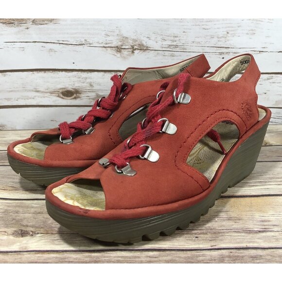 Fly London Ylfa Open Toe Wedge Sandals Womens Size 40 (9) Lace Up Red Slingback - Picture 1 of 12